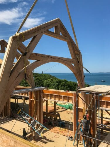 Seven Gates Residence Hammer Beam Truss Made from Reclaimed White Oak in Martha's Vineyard