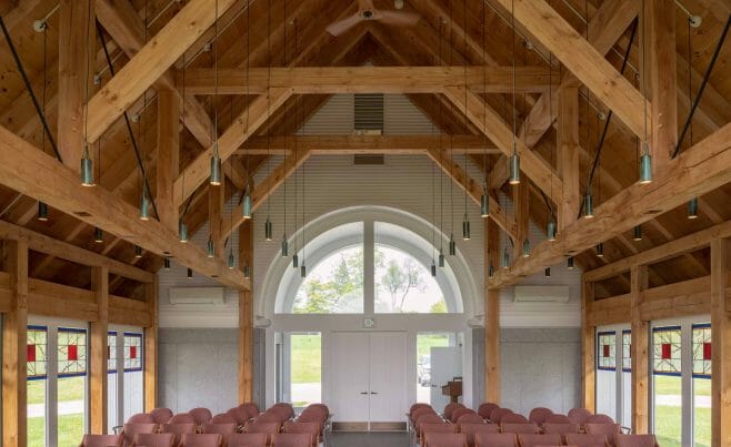Interior of the Vermont Veterans Memorial Chapel. This church was made with Hemlock and Pine and features Girder Trusses.