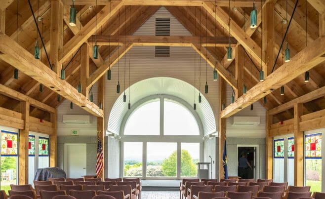 Interior of the Vermont Veterans Memorial Chapel. This church was made with Hemlock and Pine and features Girder Trusses.