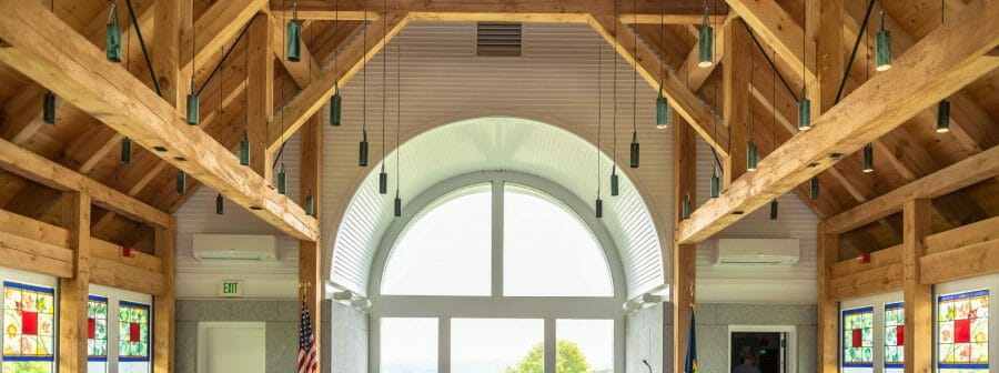 Interior of the Vermont Veterans Memorial Chapel. This church was made with Hemlock and Pine and features Girder Trusses.