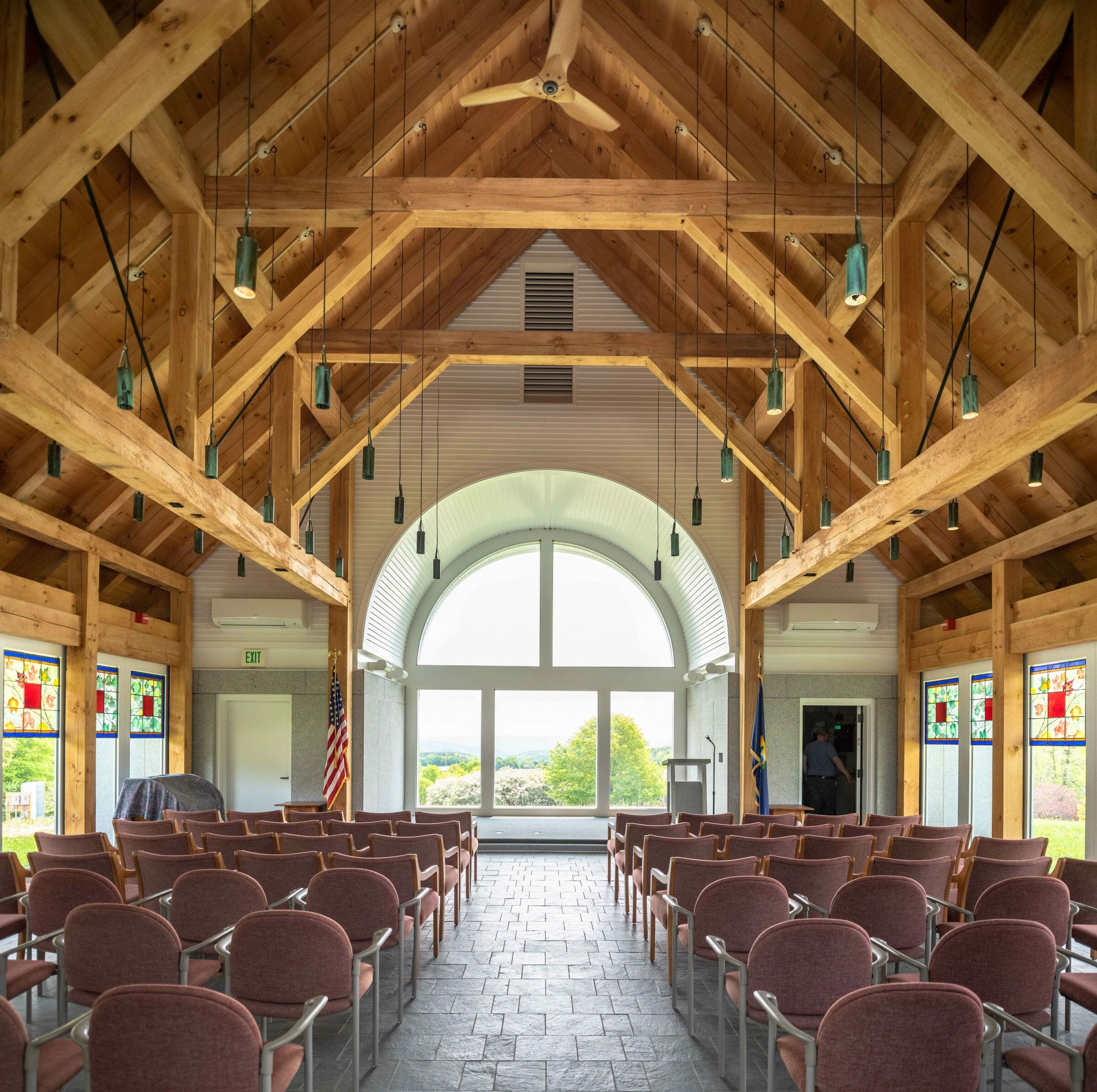 Interior of the Vermont Veterans Memorial Chapel. This church was made with Hemlock and Pine and features Girder Trusses.