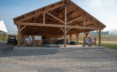 Timber frame pavilion at the Bechtel Summit in West Virginia home of the National Boy Scout Jamboree, leadership training, and Adventure Camp.