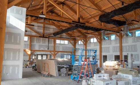 Timber Frame Dining Hall with Trusses with Steel Plates under construction at the Bechtel Reserve home of the National Boy Scouts Jamboree