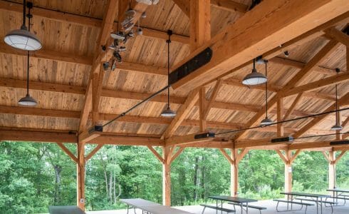 Timber frame pavilion at the Bechtel Summit in West Virginia home of the National Boy Scout Jamboree, leadership training, and Adventure Camp.