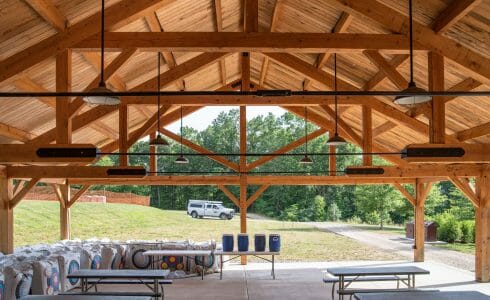 Timber frame pavilion at the Bechtel Summit in West Virginia home of the National Boy Scout Jamboree, leadership training, and Adventure Camp.