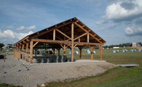 Timber frame pavilion at the Bechtel Summit in West Virginia home of the National Boy Scout Jamboree, leadership training, and Adventure Camp.