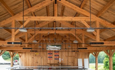 Timber frame pavilion at the Bechtel Summit in West Virginia home of the National Boy Scout Jamboree, leadership training, and Adventure Camp.