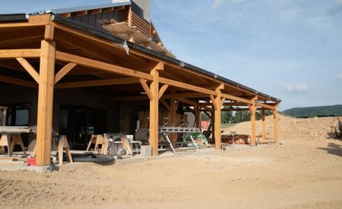 Timber frame pavilion at the Bechtel Summit in West Virginia home of the National Boy Scout Jamboree, leadership training, and Adventure Camp.