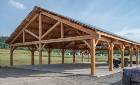 Timber frame pavilion at the Bechtel Summit in West Virginia home of the National Boy Scout Jamboree, leadership training, and Adventure Camp.