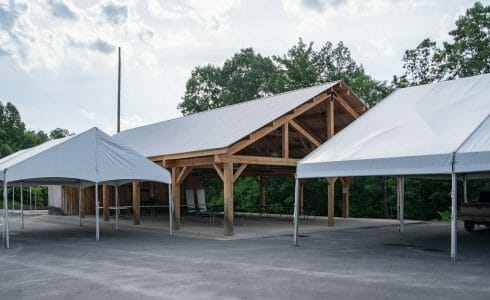 Timber frame pavilion at the Bechtel Summit in West Virginia home of the National Boy Scout Jamboree, leadership training, and Adventure Camp.