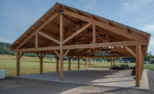 Timber frame pavilion at the Bechtel Summit in West Virginia home of the National Boy Scout Jamboree, leadership training, and Adventure Camp.