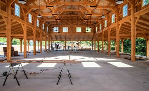 Timber Frame Dining Hall with Trusses with Steel Plates under construction at the Bechtel Reserve home of the National Boy Scouts Jamboree