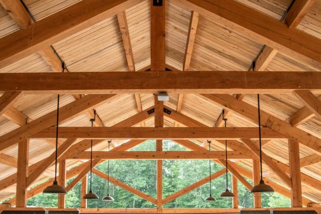 Wood Trusses with Steel Tie Rods in a Timber Frame Pavilion for BSA at the Bechtel Summit and Boy Scouts Jamboree