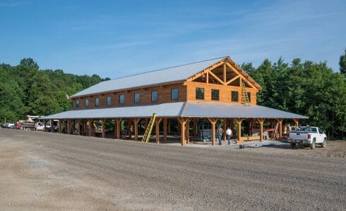 Timber Frame Dining Hall with Trusses with Steel Plates under construction at the Bechtel Reserve home of the National Boy Scouts Jamboree