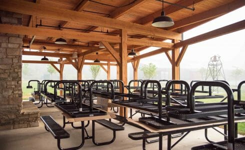 Timber frame pavilion at the Bechtel Summit in West Virginia home of the National Boy Scout Jamboree, leadership training, and Adventure Camp.