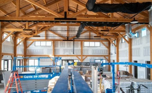 Timber Frame Dining Hall with Trusses with Steel Plates under construction at the Bechtel Reserve home of the National Boy Scouts Jamboree