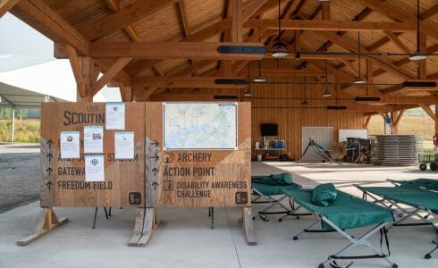 Timber frame pavilion at the Bechtel Summit in West Virginia home of the National Boy Scout Jamboree, leadership training, and Adventure Camp.