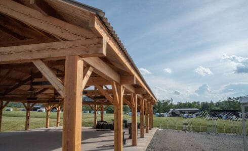 Timber frame pavilion at the Bechtel Summit in West Virginia home of the National Boy Scout Jamboree, leadership training, and Adventure Camp.