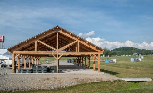 Timber frame pavilion at the Bechtel Summit in West Virginia home of the National Boy Scout Jamboree, leadership training, and Adventure Camp.