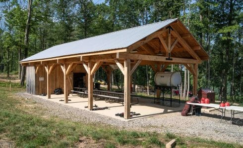 Timber frame pavilion at the Bechtel Summit in West Virginia home of the National Boy Scout Jamboree, leadership training, and Adventure Camp.