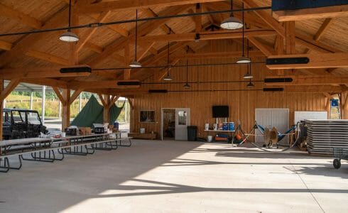 Timber frame pavilion at the Bechtel Summit in West Virginia home of the National Boy Scout Jamboree, leadership training, and Adventure Camp.