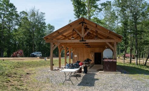 Timber frame pavilion at the Bechtel Summit in West Virginia home of the National Boy Scout Jamboree, leadership training, and Adventure Camp.