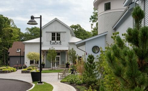 Exterior of the Briar Barn Inn in Rowley, MA. Built by Vermont Timber Works in the Monitor Barn Style.