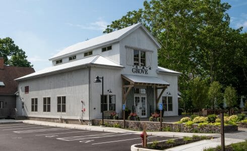 Exterior of the Briar Barn Inn in Rowley, MA. Built by Vermont Timber Works in the Monitor Barn Style.