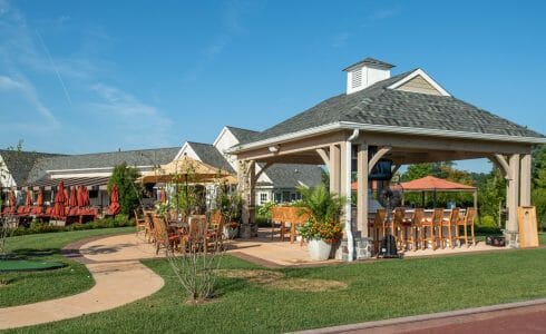 Timber Frame Pool Pavilion and covered Bar Lounge area at Fiddlers Elbow in Bedminster Township, NJ