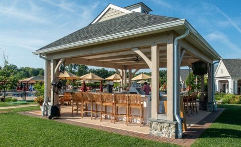 Timber Frame Pool Pavilion and covered Bar Lounge area at Fiddlers Elbow in Bedminster Township, NJ