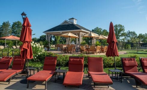 Timber Frame Pool Pavilion and covered Bar Lounge area at Fiddlers Elbow in Bedminster Township, NJ