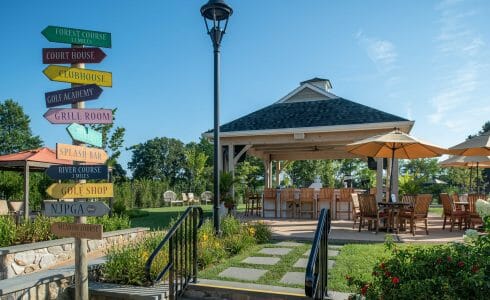 Timber Frame Pool Pavilion and covered Bar Lounge area at Fiddlers Elbow in Bedminster Township, NJ