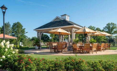 Timber Frame Pool Pavilion and covered Bar Lounge area at Fiddlers Elbow in Bedminster Township, NJ