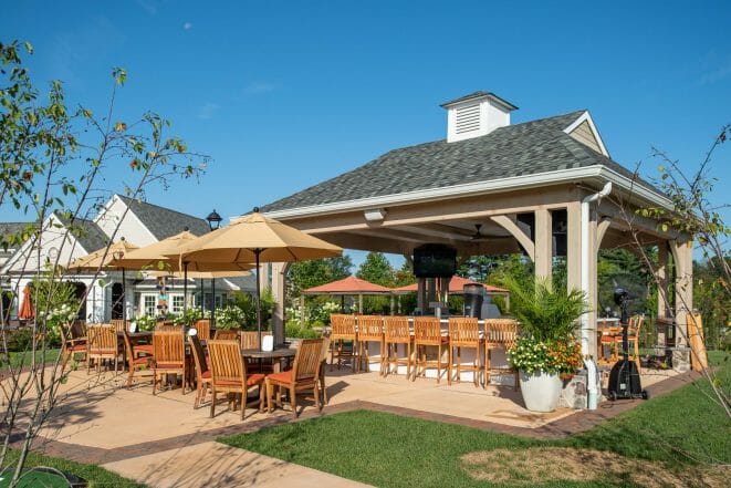 Timber Frame Pool Pavilion and covered Bar Lounge area at Fiddlers Elbow in Bedminster Township, NJ