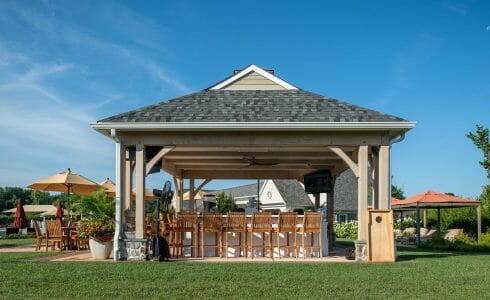 Timber Frame Pool Pavilion and covered Bar Lounge area at Fiddlers Elbow in Bedminster Township, NJ