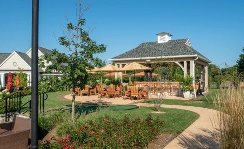 Timber Frame Pool Pavilion and covered Bar Lounge area at Fiddlers Elbow in Bedminster Township, NJ