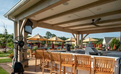 Timber Frame Pool Pavilion and covered Bar Lounge area at Fiddlers Elbow in Bedminster Township, NJ