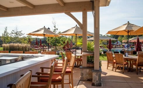 Timber Frame Pool Pavilion and covered Bar Lounge area at Fiddlers Elbow in Bedminster Township, NJ