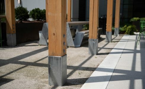 The Hamilton Pergola in Philadelphia, PA features a White Oak Pergola with Aluminum capping.