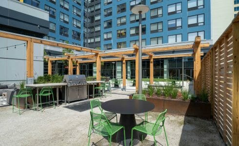 The Hamilton Pergola in Philadelphia, PA features a White Oak Pergola with Aluminum capping.