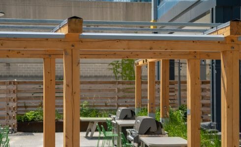 The Hamilton Pergola in Philadelphia, PA features a White Oak Pergola with Aluminum capping.