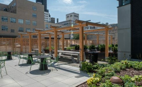 The Hamilton Pergola in Philadelphia, PA features a White Oak Pergola with Aluminum capping.