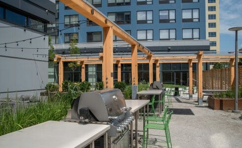 The Hamilton Pergola in Philadelphia, PA features a White Oak Pergola with Aluminum capping.