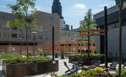 The Hamilton Pergola in Philadelphia, PA features a White Oak Pergola with Aluminum capping.