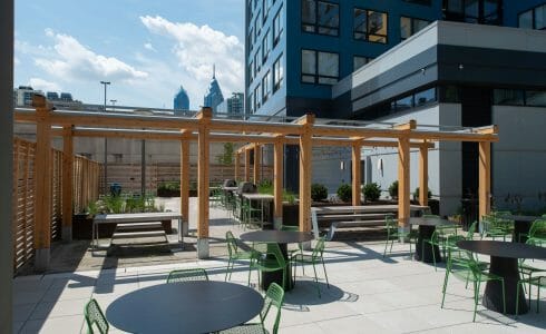 The Hamilton Pergola in Philadelphia, PA features a White Oak Pergola with Aluminum capping.