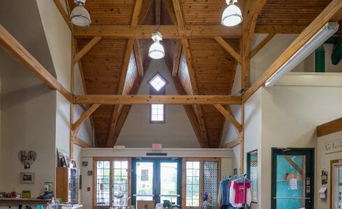 The Lobby of the True Friends Animal Welfare Center with Timber Trusses and beams in Montrose, PA
