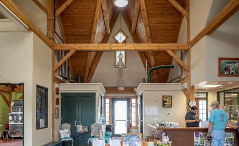 The Lobby of the True Friends Animal Welfare Center with Timber Trusses and beams in Montrose, PA