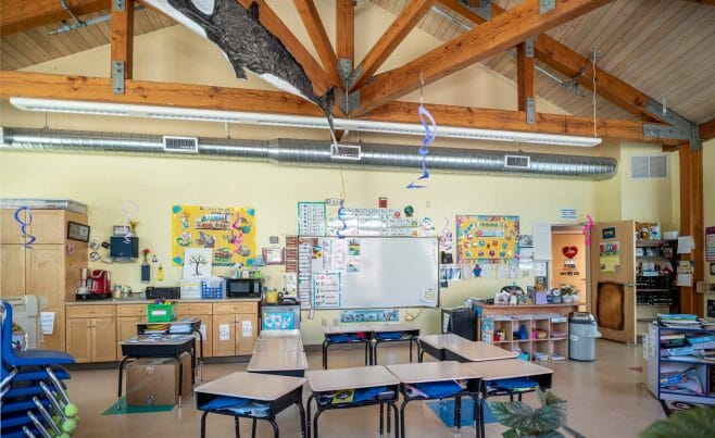 A classroom in the Centennial Senior Center that features Timber Trusses with steel plates