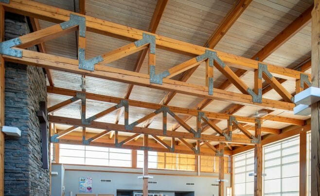 The Concord Christian Academy (previously the Centennial Senior Center) features cathedral ceilings and timber girder trusses.
