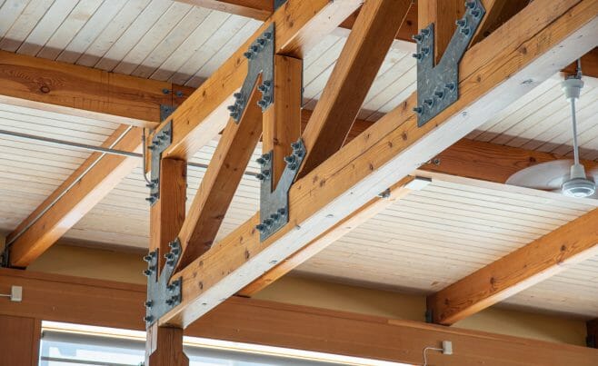 The Concord Christian Academy (previously the Centennial Senior Center) features cathedral ceilings and timber girder trusses.